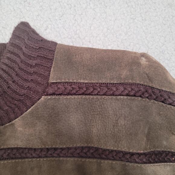 Vintage Saxony Sweater Mens Large Green Burgundy Patchwork Leather Suede 90s - Picture 9 of 11